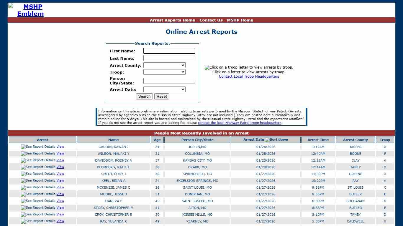 Missouri State Highway Patrol - Arrest Reports